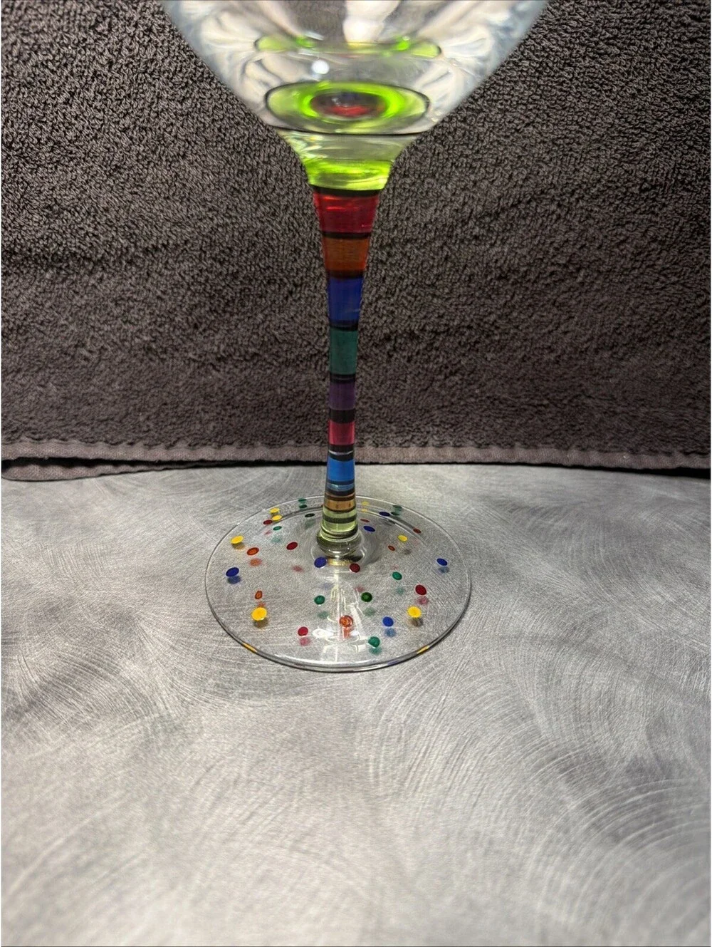 Colorful Art Glass Wine Goblet Striped Stem Confetti Foot Hand Painted 8.5”